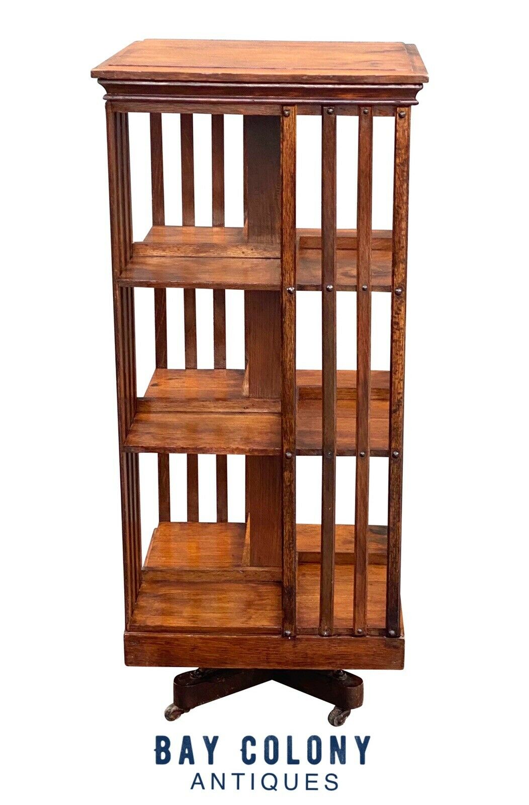 19TH C ANTIQUE TIGER OAK DANNER REVOLVING 3 TIER CHAMPION BOOKCASE