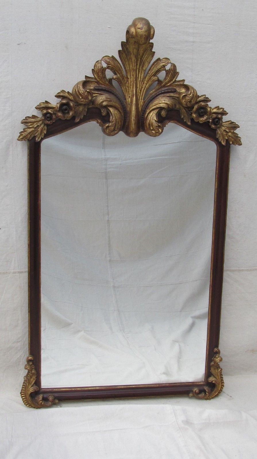VICTORIAN ROCOCO STYLE ROSEWOOD MIRROR WITH GOLD GILT FLORAL CREST - 62" TALL