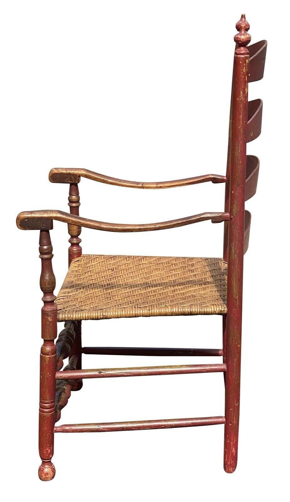 18TH C ANTIQUE QUEEN ANNE NEW ENGLAND LADDER BACK ARM CHAIR W/ SPLINT SEAT