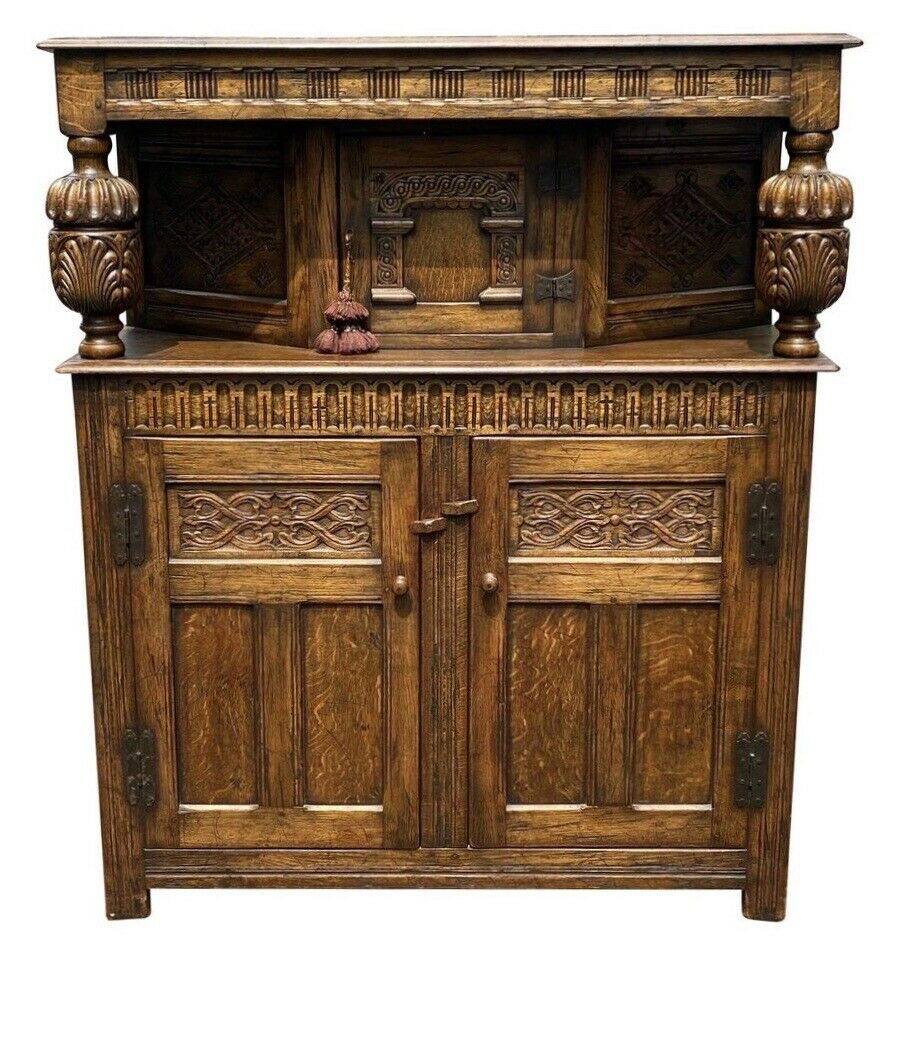 19th C Antique Tiger Oak Carved Jacobean Style Court Cupboard / Sideboard