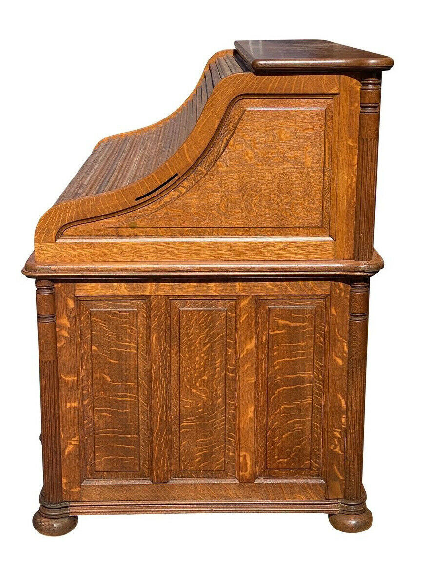19TH C ANTIQUE VICTORIAN CUTLER DESK COMPANY TIGER OAK S CURVE ROLL TOP DESK