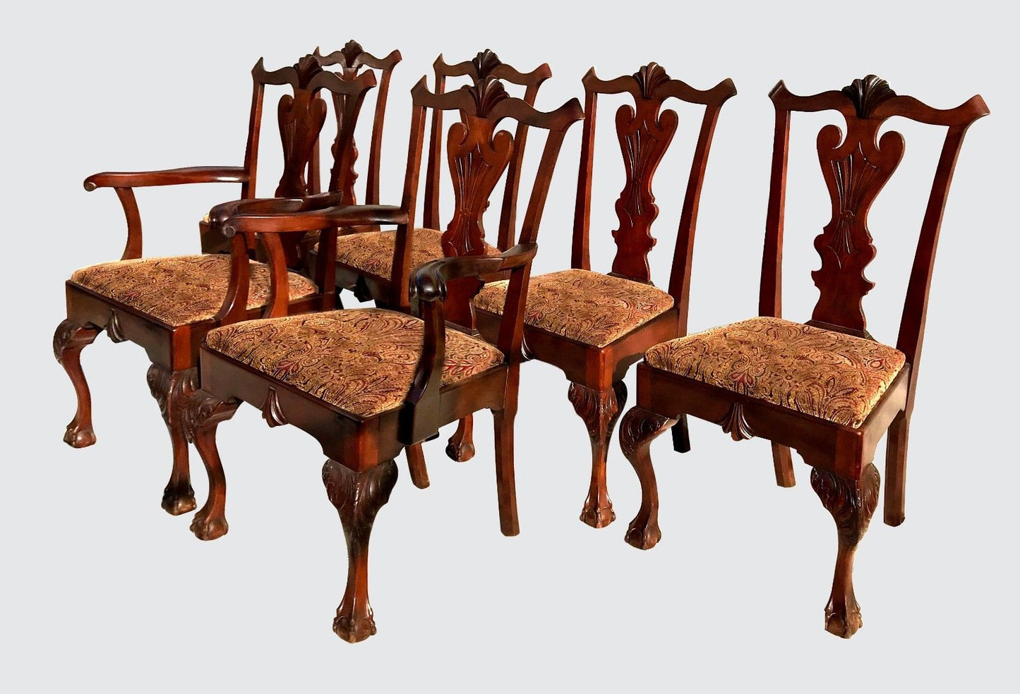 RARE & UNUSUAL ANTIQUE SET OF SIX CHIPPENDALE MAHOGANY DINING BALL & CLAW CHAIRS