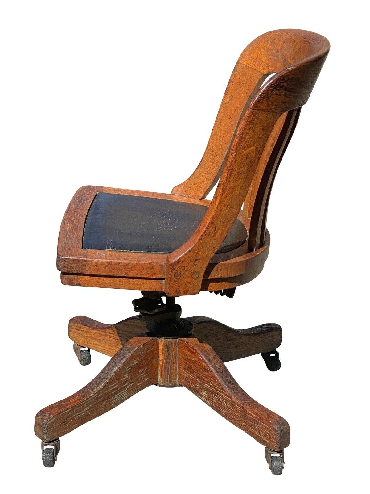 19TH C ANTIQUE VICTORIAN TIGER OAK SWIVEL OFFICE DESK CHAIR W/ LEATHER SEAT