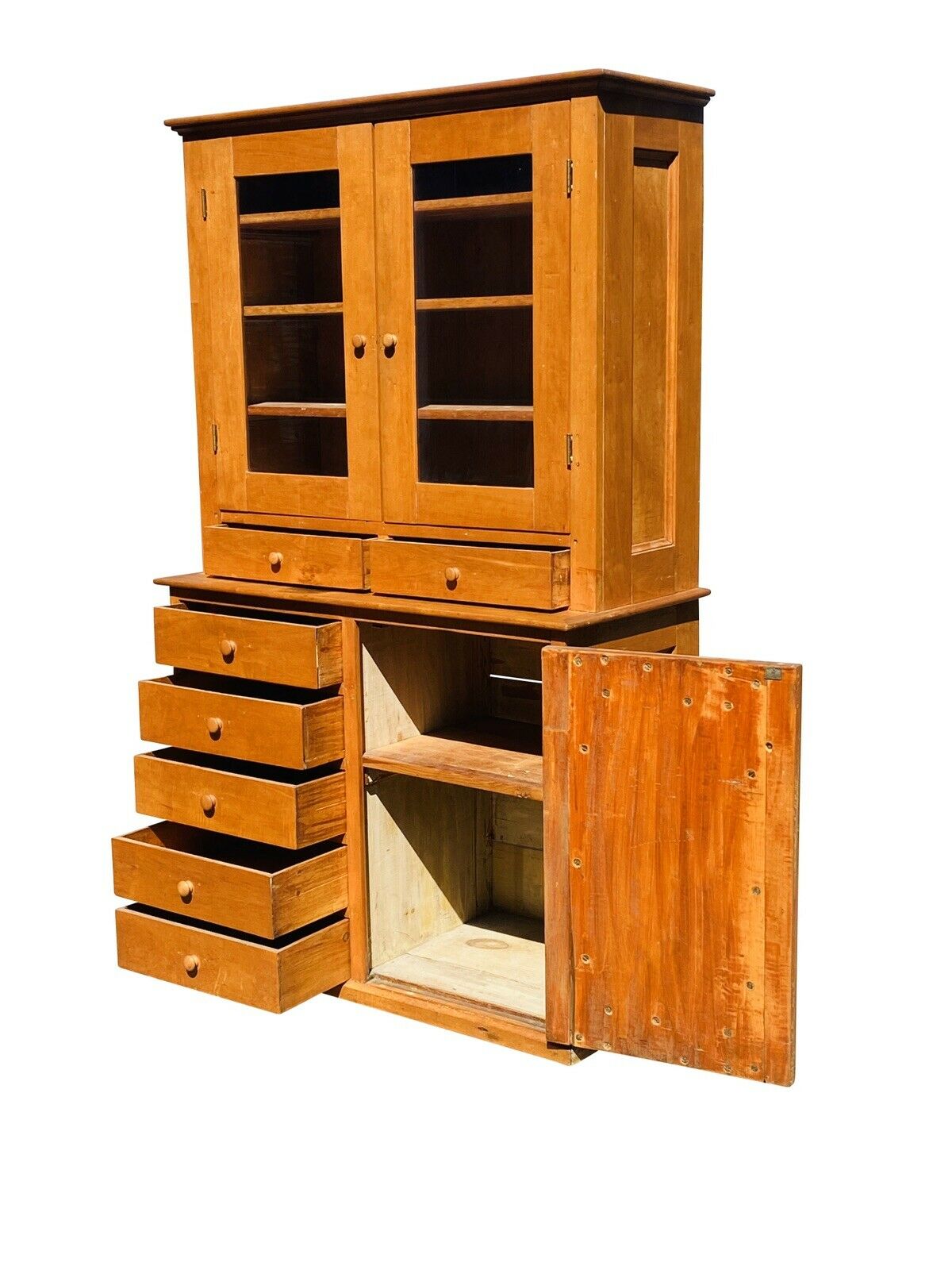 19TH C COUNTRY PRIMITIVE ANTIQUE SHAKER MAPLE CABINET / STEP BACK CUPBOARD HUTCH
