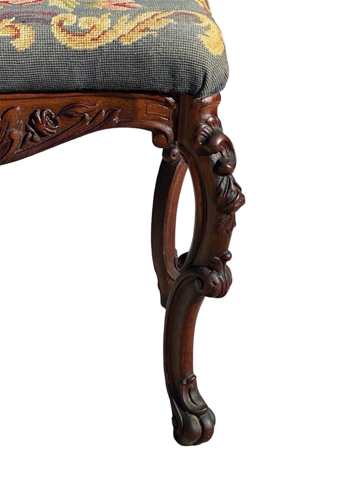 Antique French Louis XV Style Walnut Vanity Bench With Needlepoint Floral Basket