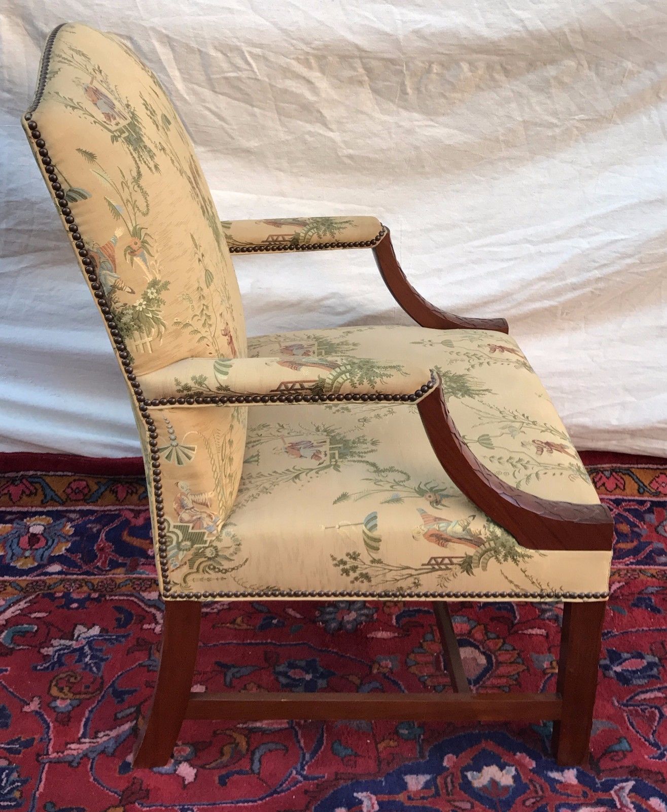 FABULOUS ANTIQUE CHINESE CHIPPENDALE LIBRARY LOLLING CHAIR-MINT GOLD SILK FABRIC