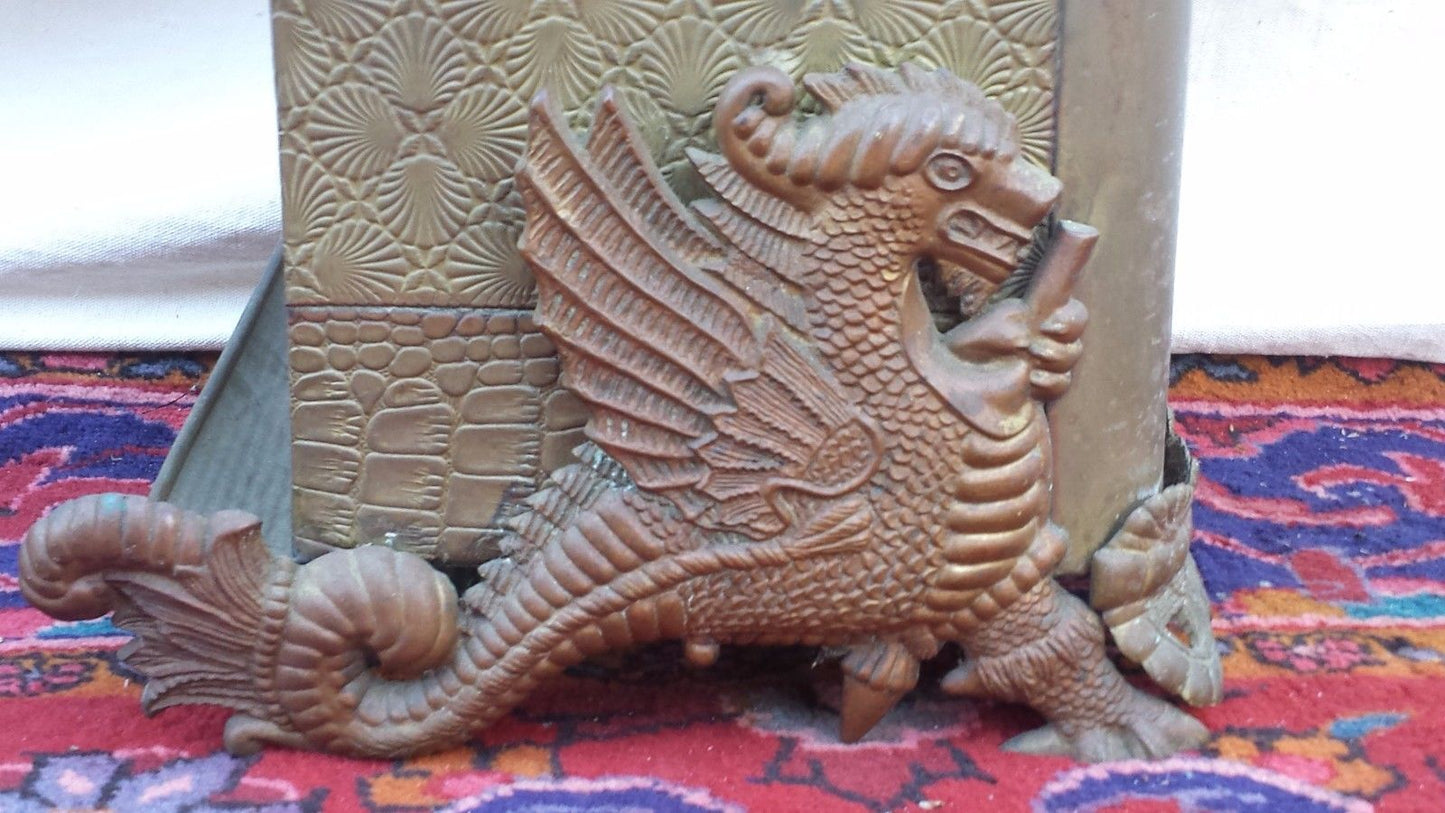 OUTSTANDING VICTORIAN BRASS COAL HOD WITH FULL BODIED FLYING DRAGONS-SPECIAL!