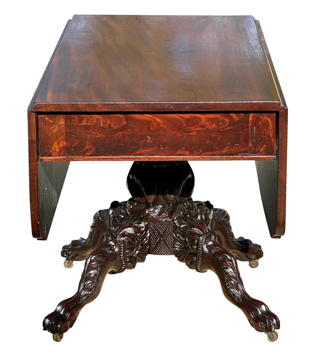 19th C Antique New York Heavily Carved Classical Mahogany Drop Leaf Dining Table