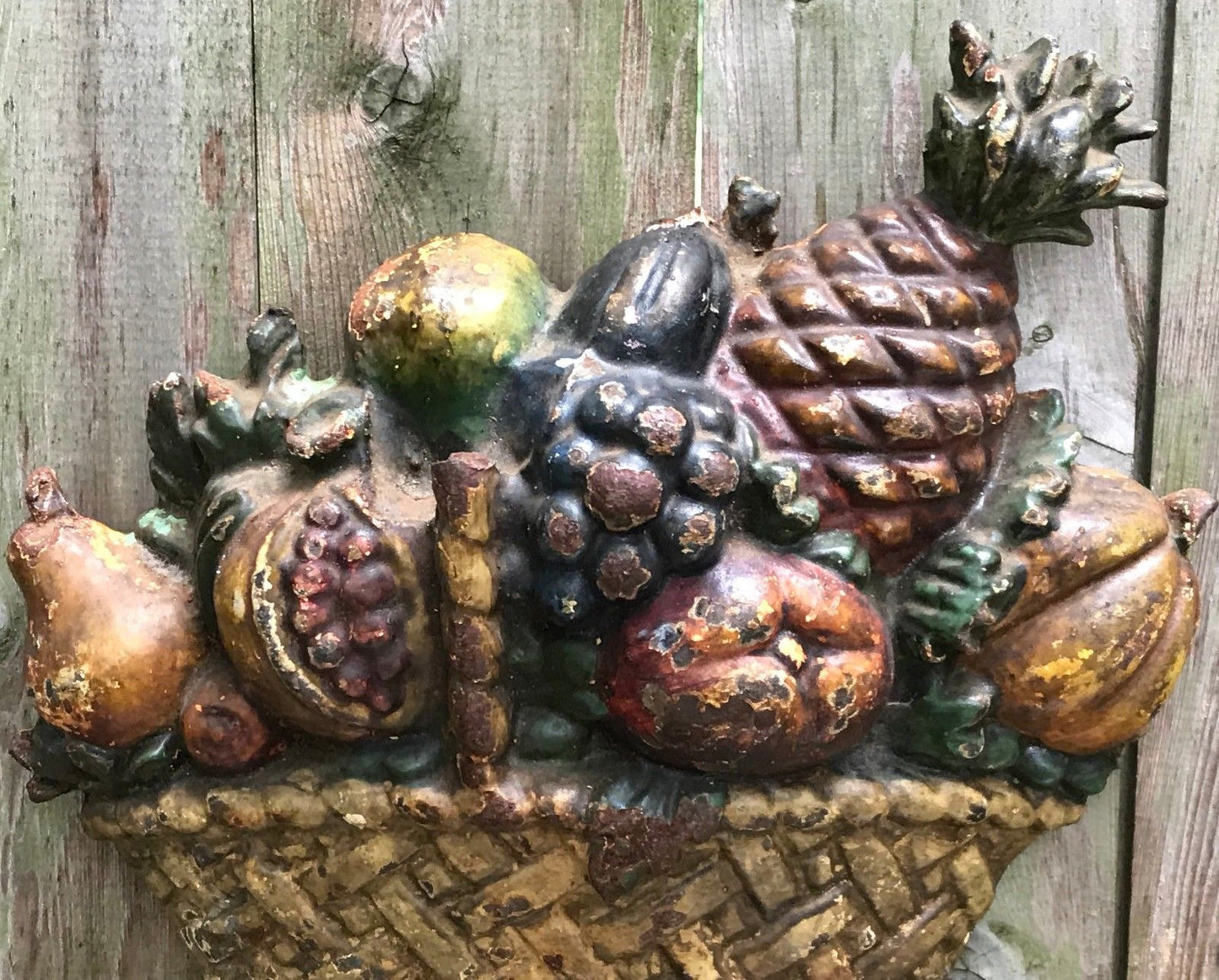 ANTIQUE HUBLEY CAST IRON BASKET OF FRUIT DOORSTOP W/ POLY CHROME PAINT