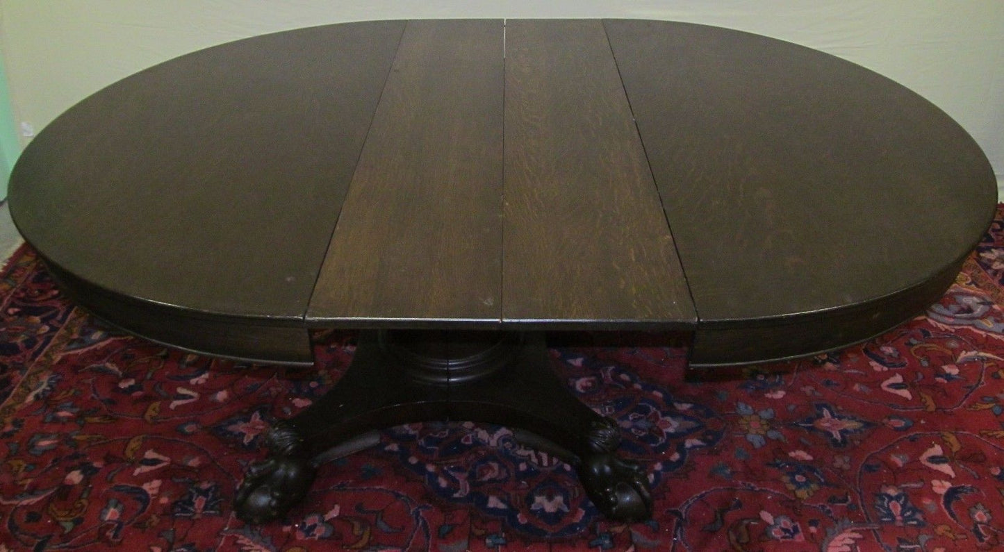 VICTORIAN SOLID TIGER OAK DINING TABLE ON PEDESTAL TALON LEG CARVED BASE