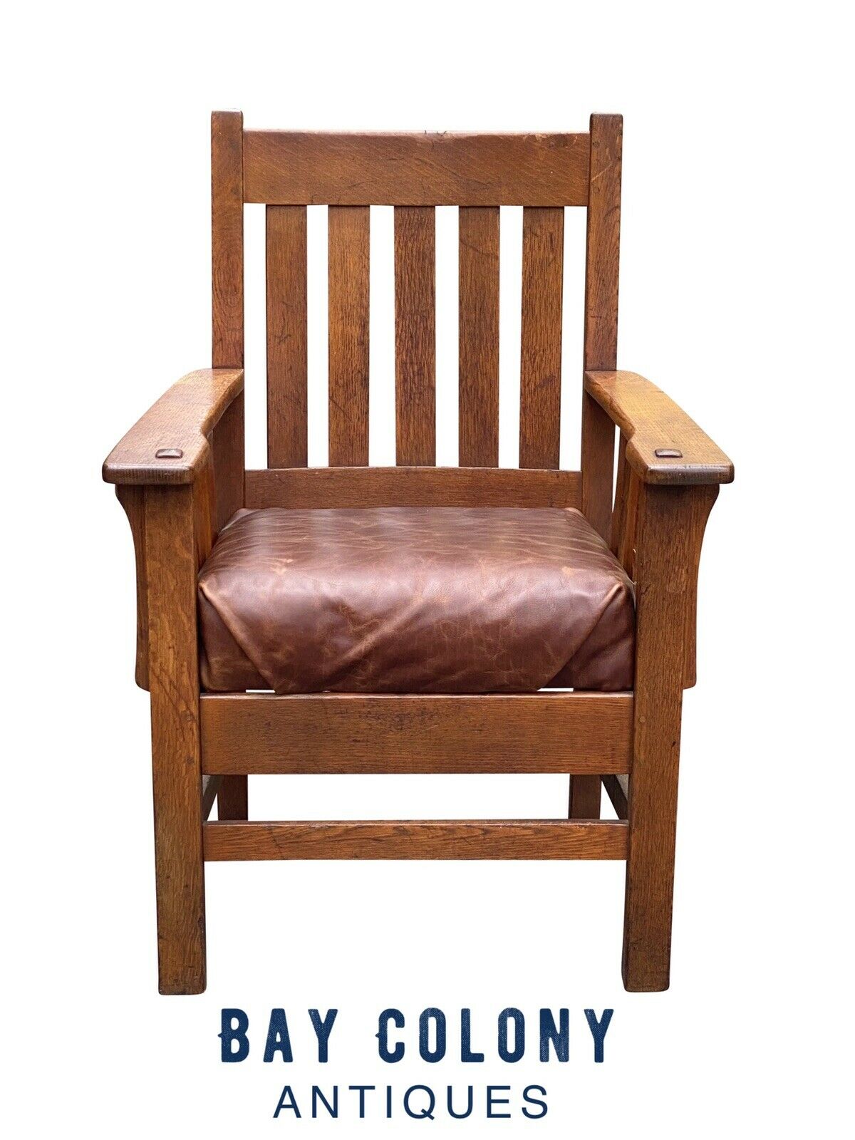Antique Arts & Crafts / Mission Oak JM Young Arm Chair W/ Leather Seat