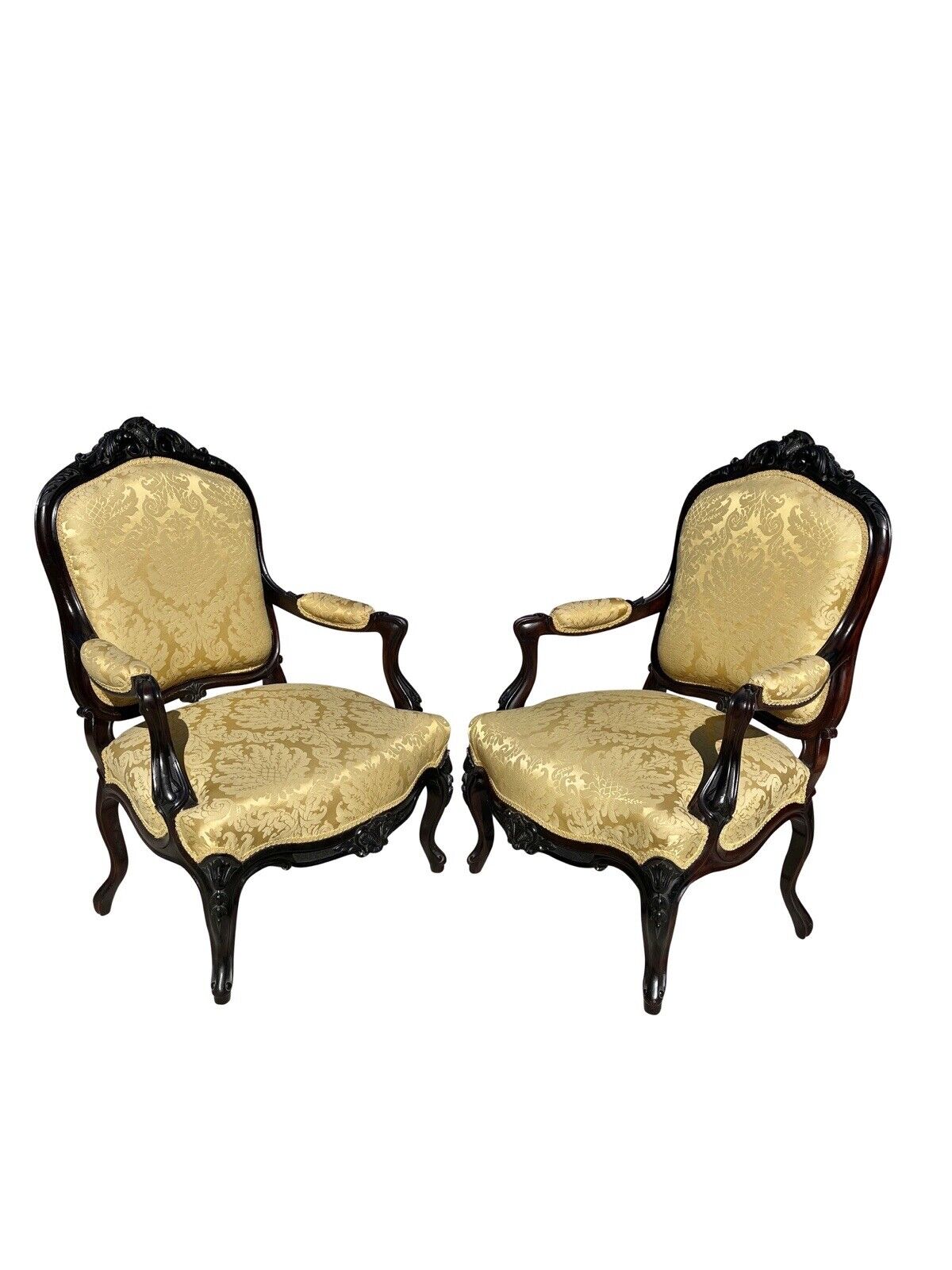 Pair of Louis Xiv Ebonized Rosewood Fauteuil a La Reine Arm Chairs in Satin Gold