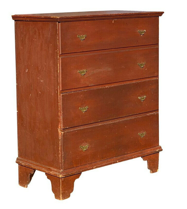 18TH C ANTIQUE QUEEN ANNE PERIOD RED WASH 2 DRAWER LIFT TOP BLANKET BOX
