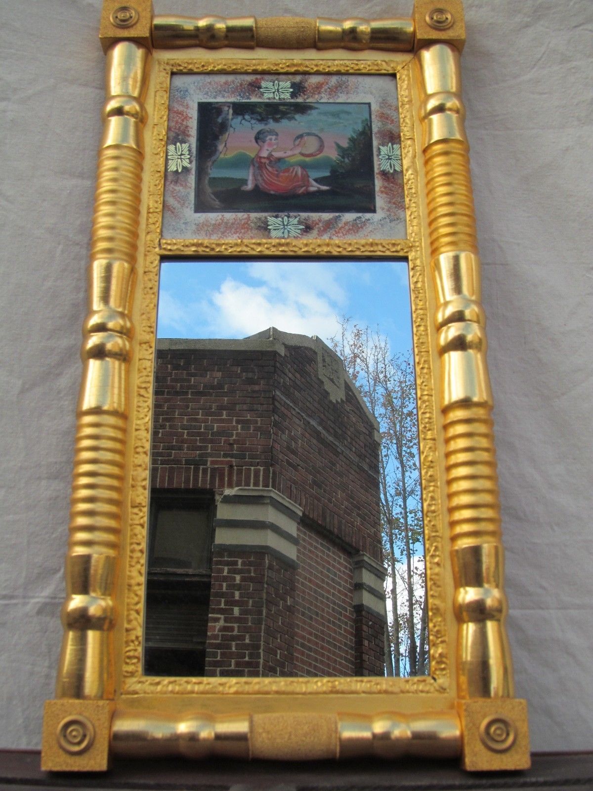 SHERATON REVERSE GLASS PAINTED MIRROR DEPICTING "GIRL PLAYING TAMBOURINE"-LOOK
