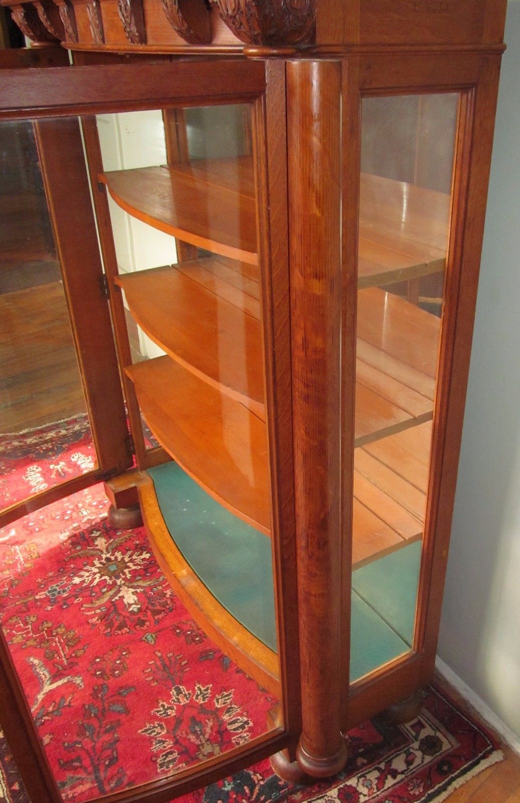 19TH CENTURY VICTORIAN CARVED OAK CURVED GLASS CHINA CABINET - PAINES FURNITURE