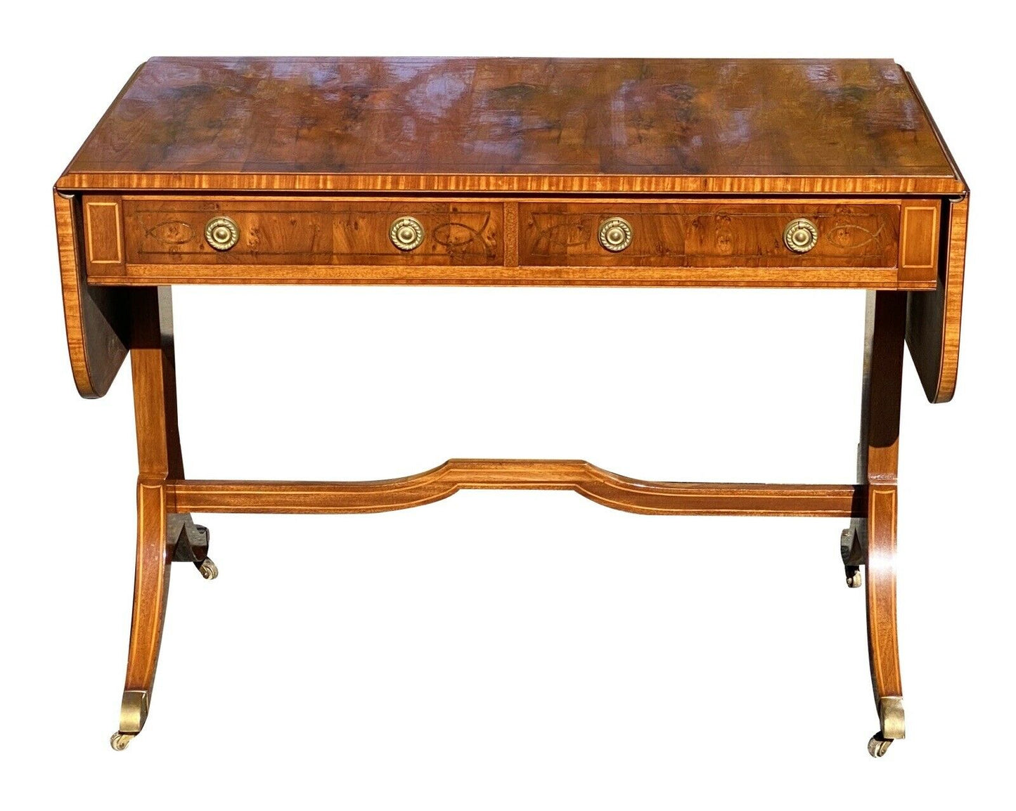 20TH C REGENCY ANTIQUE STYLE ELM & SATINWOOD DROP LEAF SOFA TABLE / DESK