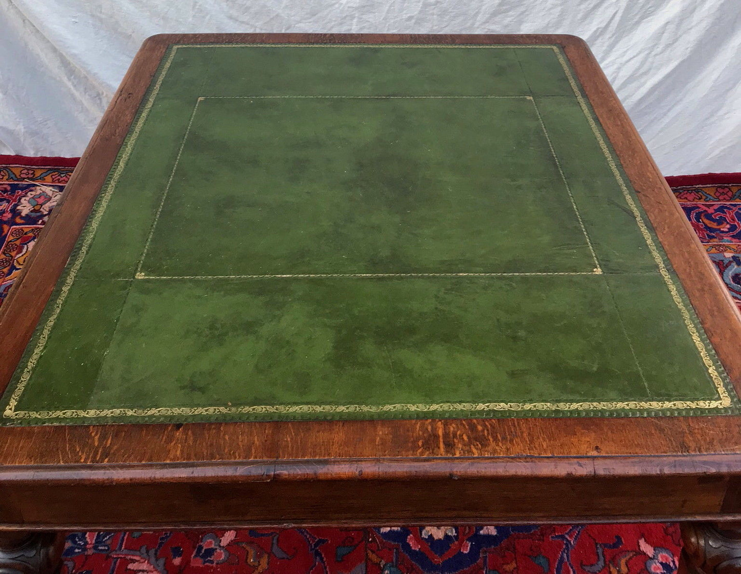 VICTORIAN OAK GOTHIC STYLE PARTNER'S DESK - OUTSTANDING GREEN LEATHER TOP