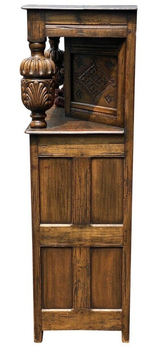 19th C Antique Tiger Oak Carved Jacobean Style Court Cupboard / Sideboard