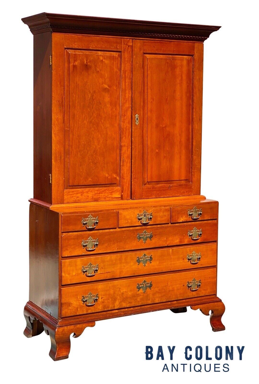 18th C Antique Chippendale Connecticut Cherry Linen Press / Secretary Desk