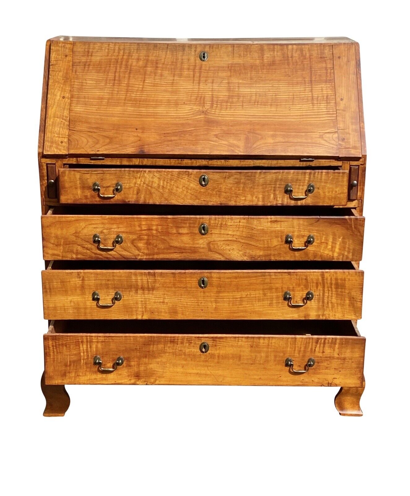 18th C Antique New England Chippendale Apple Wood Slant Lid Secretary Desk