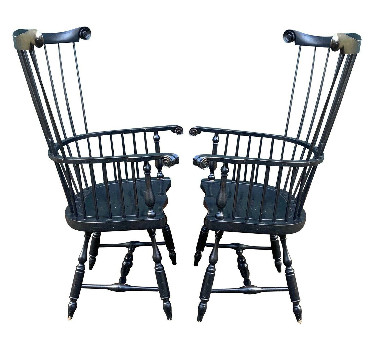 20th C Antique Style Pair of Windsor Comb Back Black Painted Arm Chairs