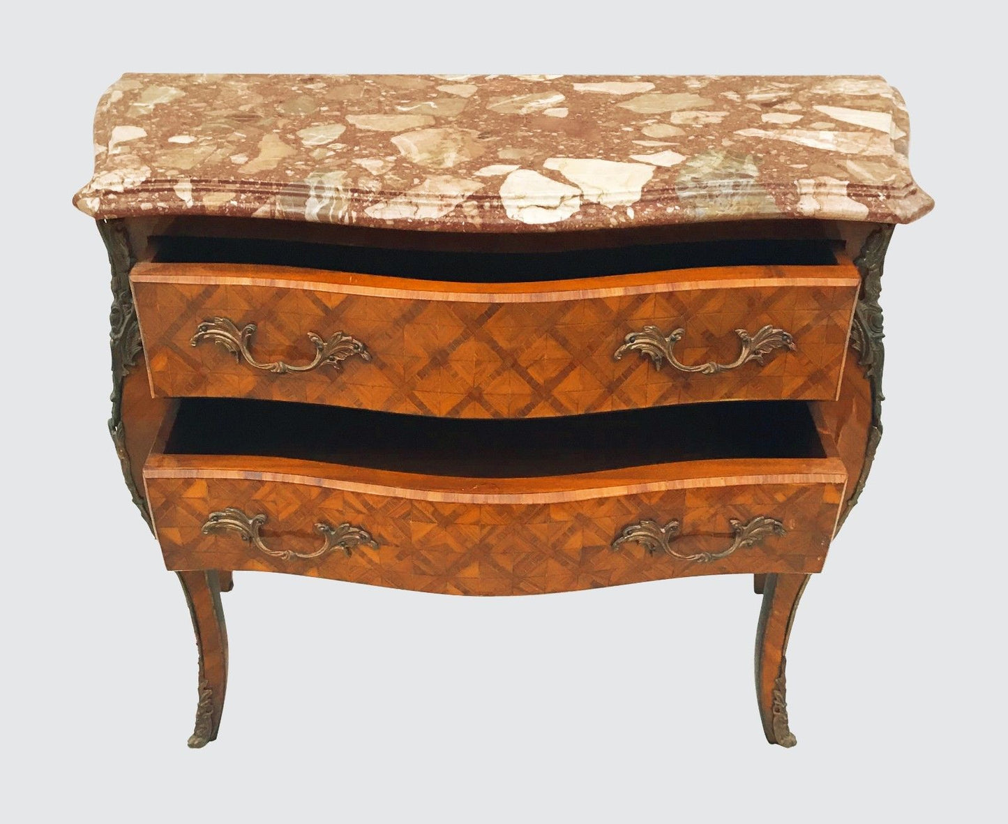 FRENCH LOUIS XV STYLED MARBLED TOPPED BOMBE FORMED DRESSER CONSOLE