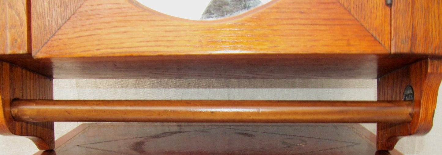 FINE VICTORIAN OAK MEDICINE CABINET WITH TOWEL BAR