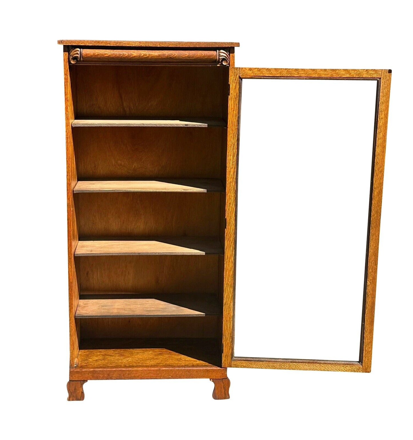 Antique Victorian Oak Carved Single Door Bookcase Cabinet With Adjusting Shelves