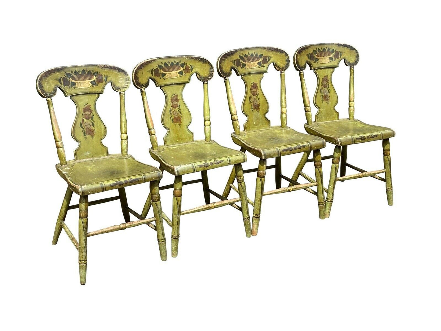 19TH C ANTIQUE SHERATON FANCY PAINT DINING CHAIRS IN BITTERSWEET GREEN PAINT