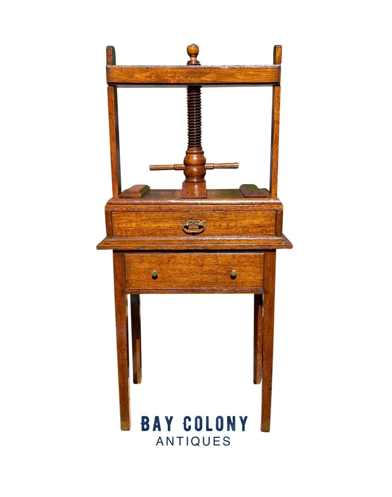 18th C Antique English Tiger Oak Book Press on Stand With 2 Drawers