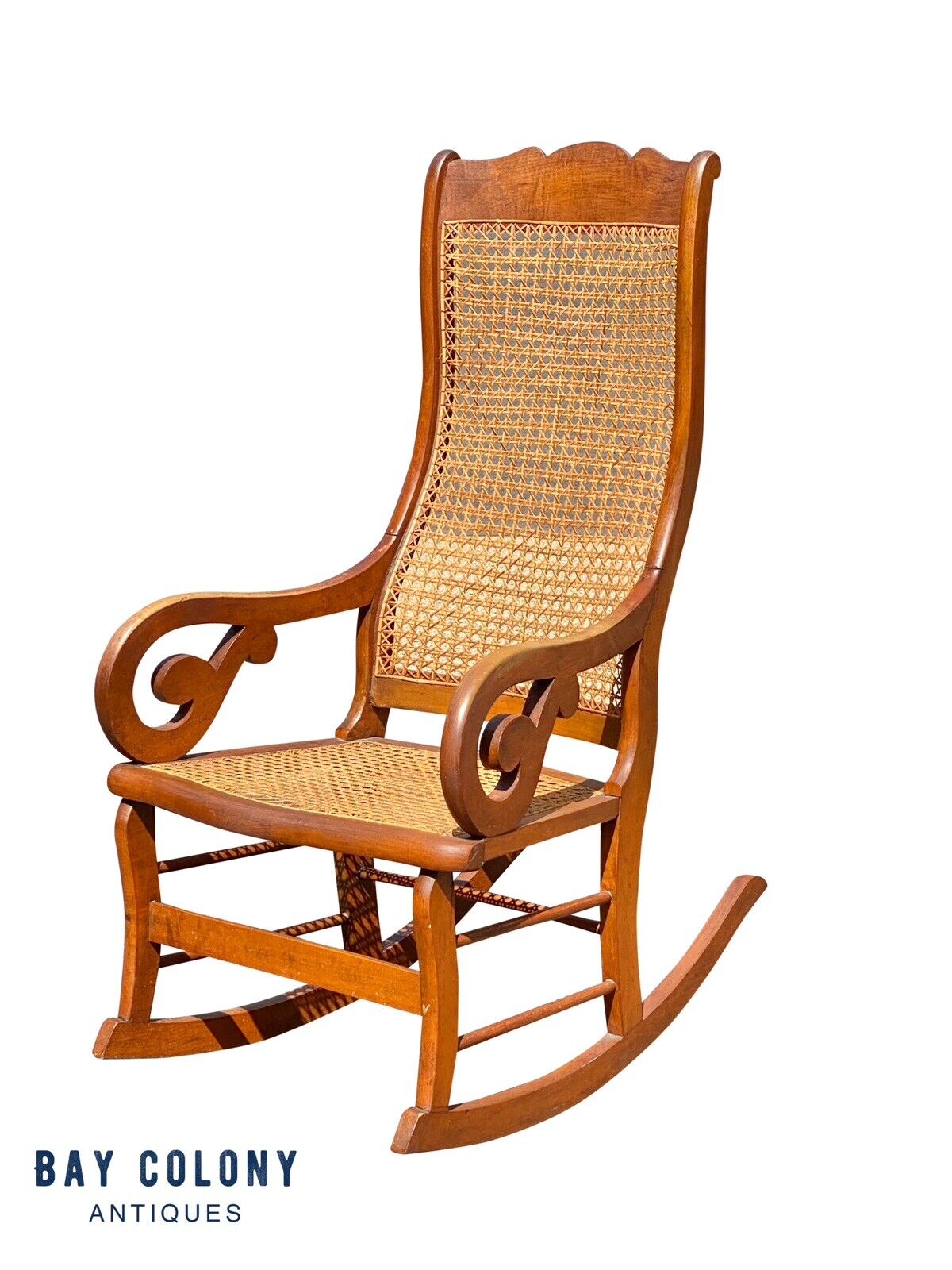 Antique Late 19th Century Tiger Maple Lincoln Rocking Chair With Whale Tail Arms