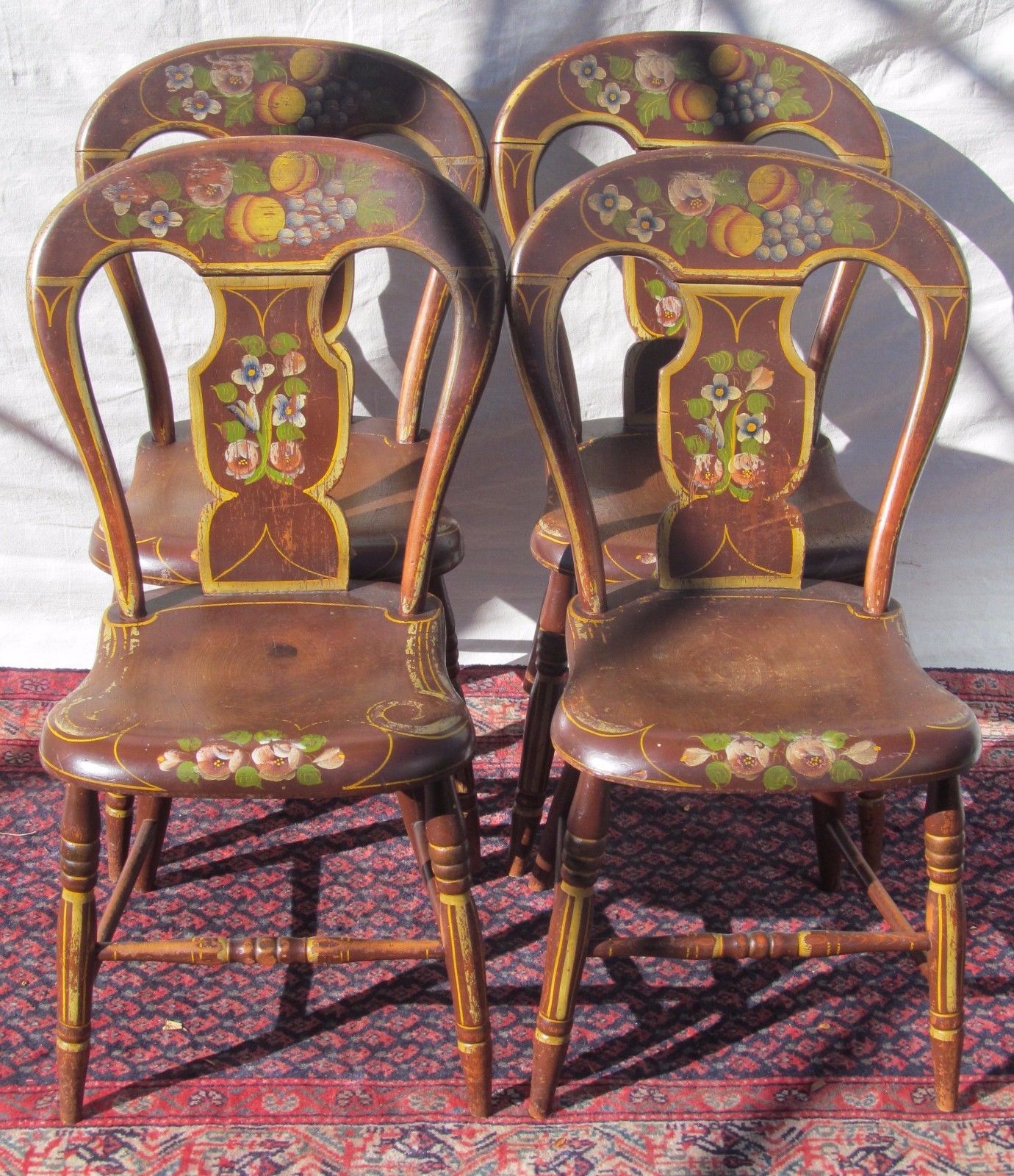 ANTIQUE WONDERFULLY PAINT DECORATED OHIO RIVER VALLEY SET OF FOUR CHAIRS