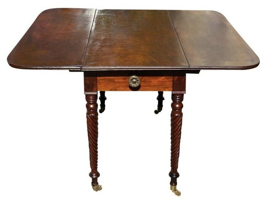 19TH C ANTIQUE SHERATON MAHOGANY DROP LEAF TABLE W/ ROPE CARVED LEGS