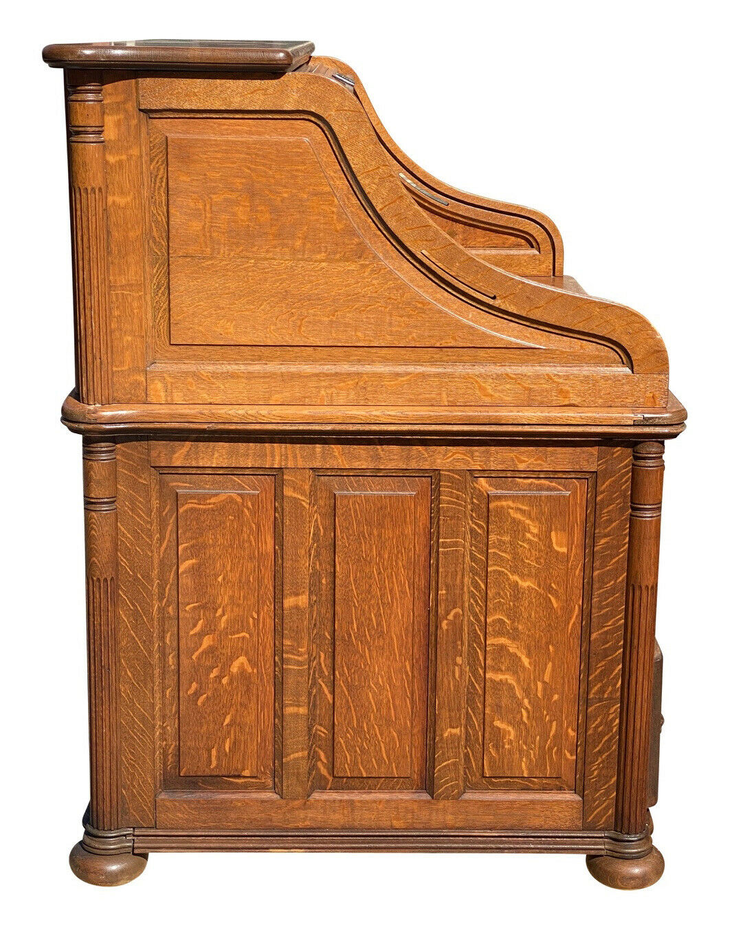19TH C ANTIQUE VICTORIAN CUTLER DESK COMPANY TIGER OAK S CURVE ROLL TOP DESK