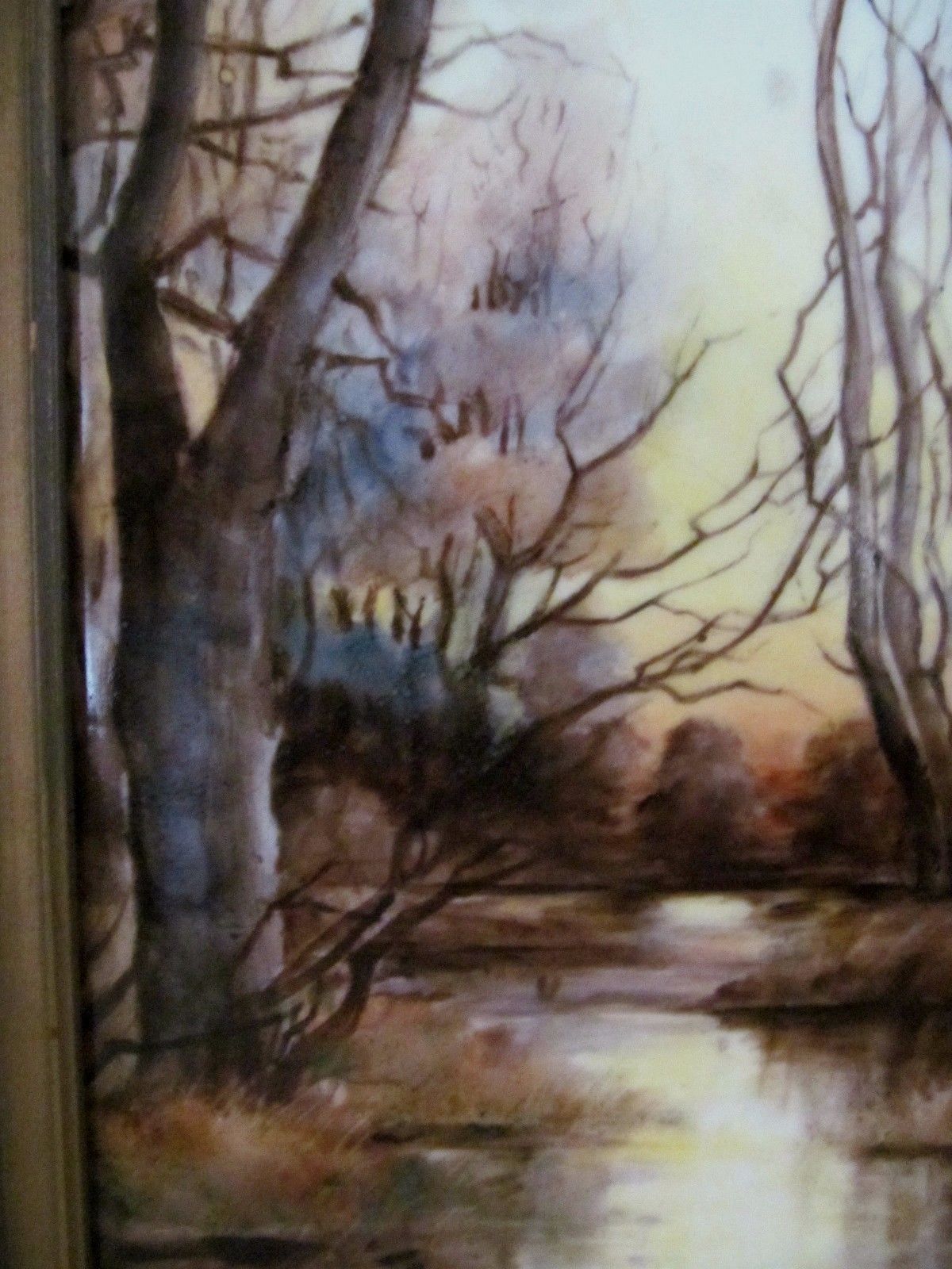 ANTIQUE OIL ON PORCELAIN PLAQUE LANDSCAPE PAINTING OF BIRCHES & STREAM