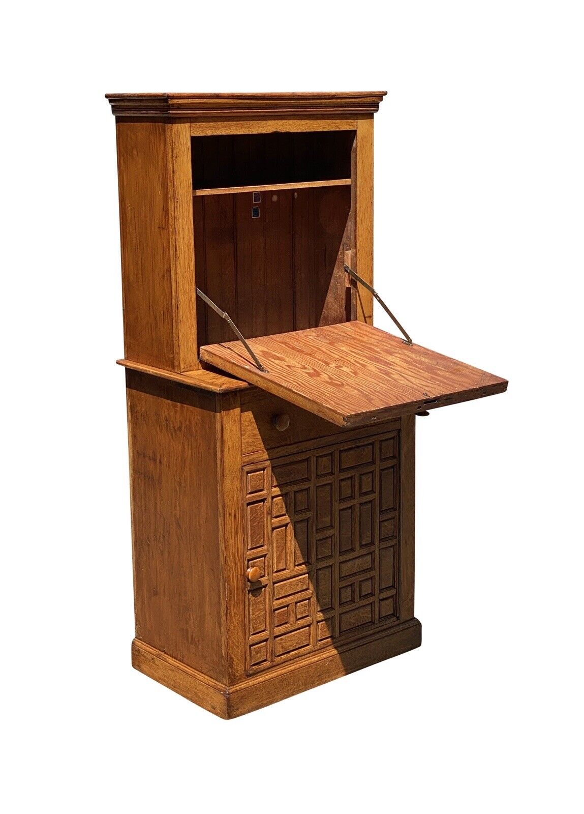 Antique Arts & Crafts Oak Liquor Cabinet With Geometric Panel Doors - Rare Size