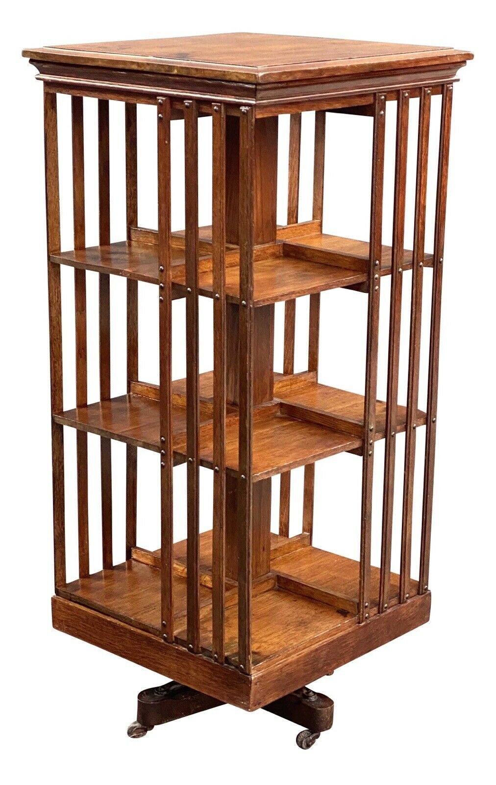 19TH C ANTIQUE TIGER OAK DANNER REVOLVING 3 TIER CHAMPION BOOKCASE