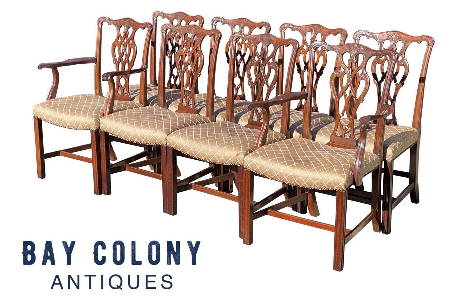 20TH C CHIPPENDALE ANTIQUE STYLE SET OF 8 CUSTOM MAHOGANY DINING CHAIRS