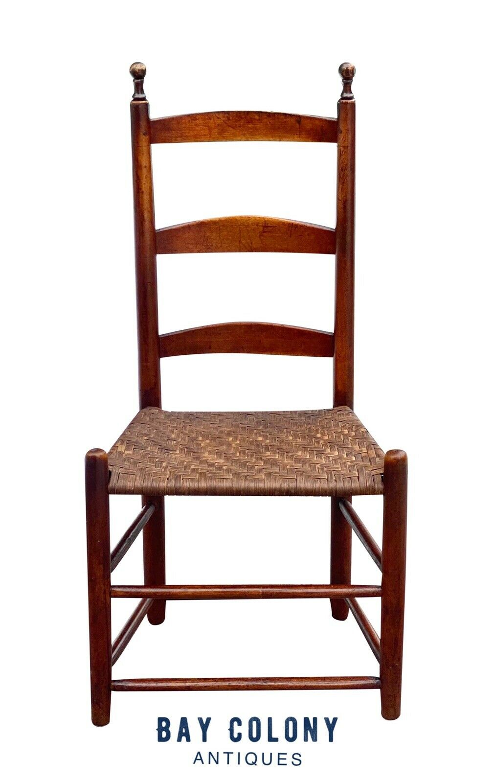 18th C Antique Queen Anne Country Primitive Ladder Back Chair W/ Splint Seat