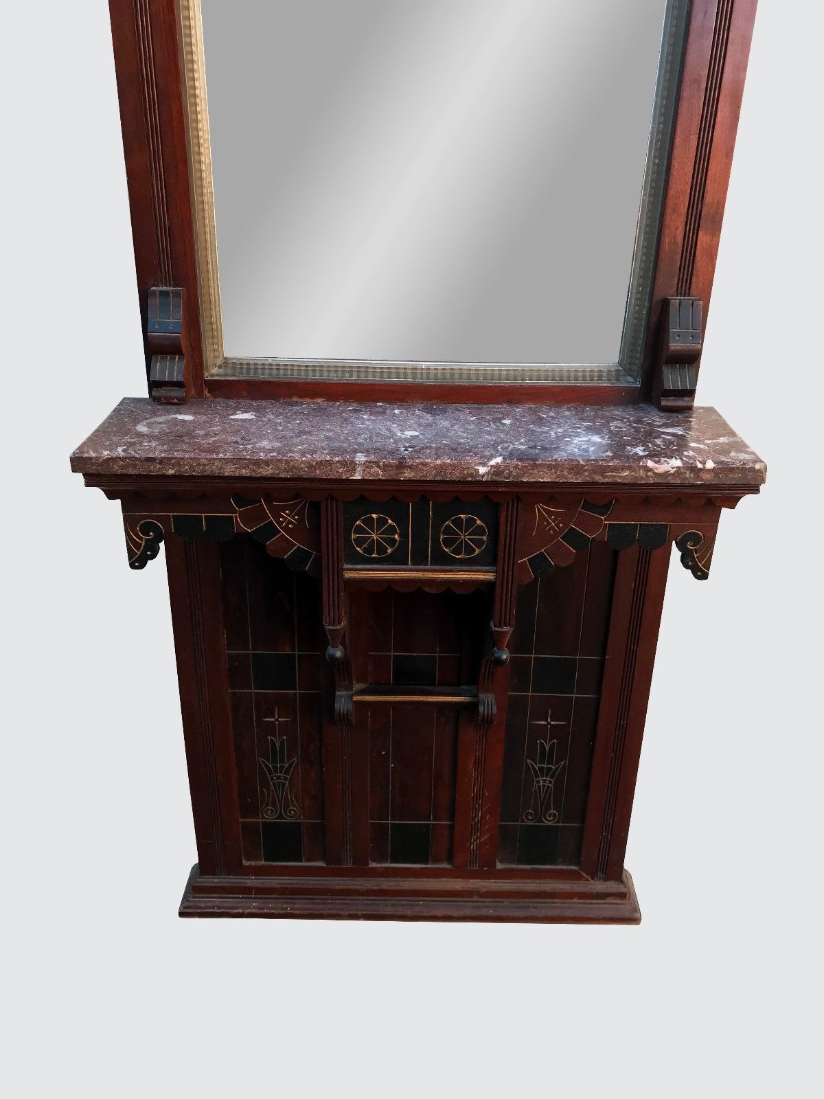 FINELY DECORATIVE VICTORIAN ASTHETIC REVIVAL PIER MIRROR WITH MARBLE SHELF