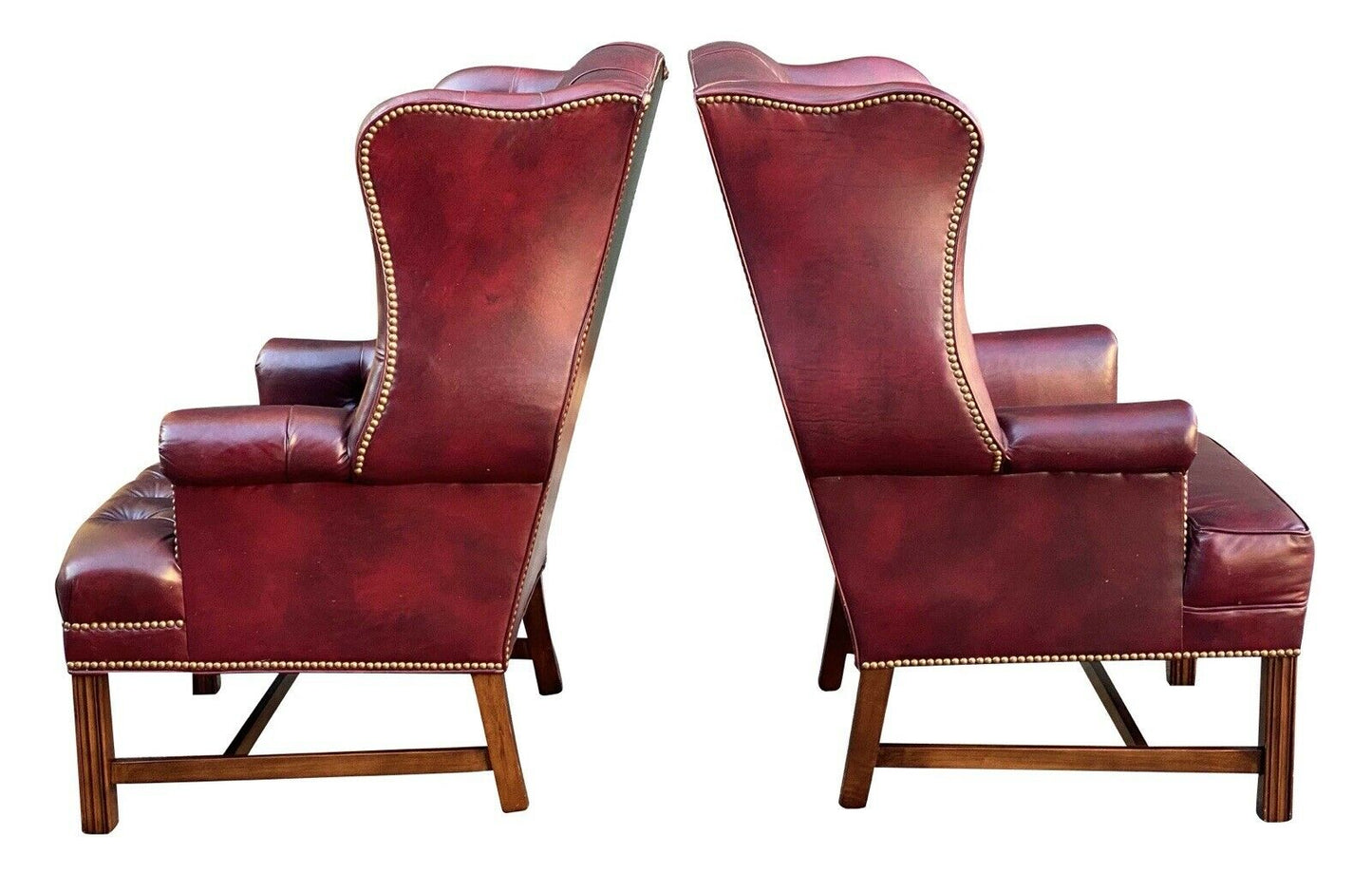 20th C Chippendale Antique Style Pair Of Tufted Red Leather Wing Back Arm Chairs