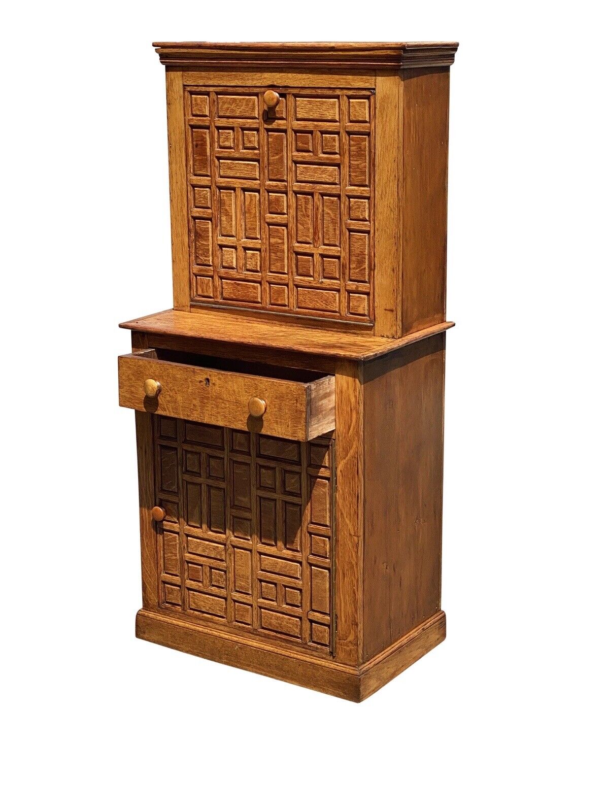 Antique Arts & Crafts Oak Liquor Cabinet With Geometric Panel Doors - Rare Size