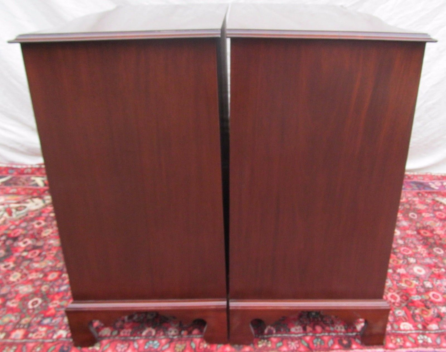 PAIR OF CHIPPENDALE SERPENTINE INLAID MAHOGANY BACHELORS DRESSERS BY J. GERTE
