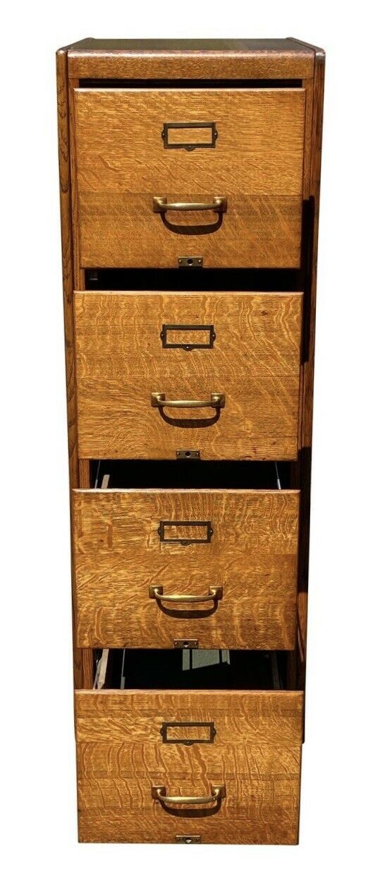 20TH C ANTIQUE ARTS & CRAFTS TIGER OAK 4 DRAWER LETTER FILE CABINET