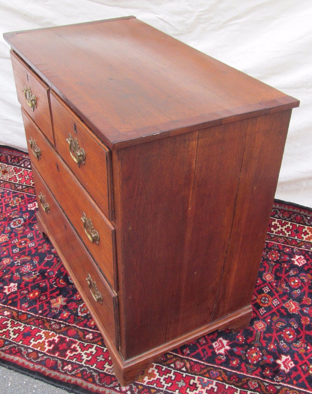 GEORGE III ENGLISH YEW WOOD CROSS BAND INLAID BACHELORS CHEST ON BRACKET BASE
