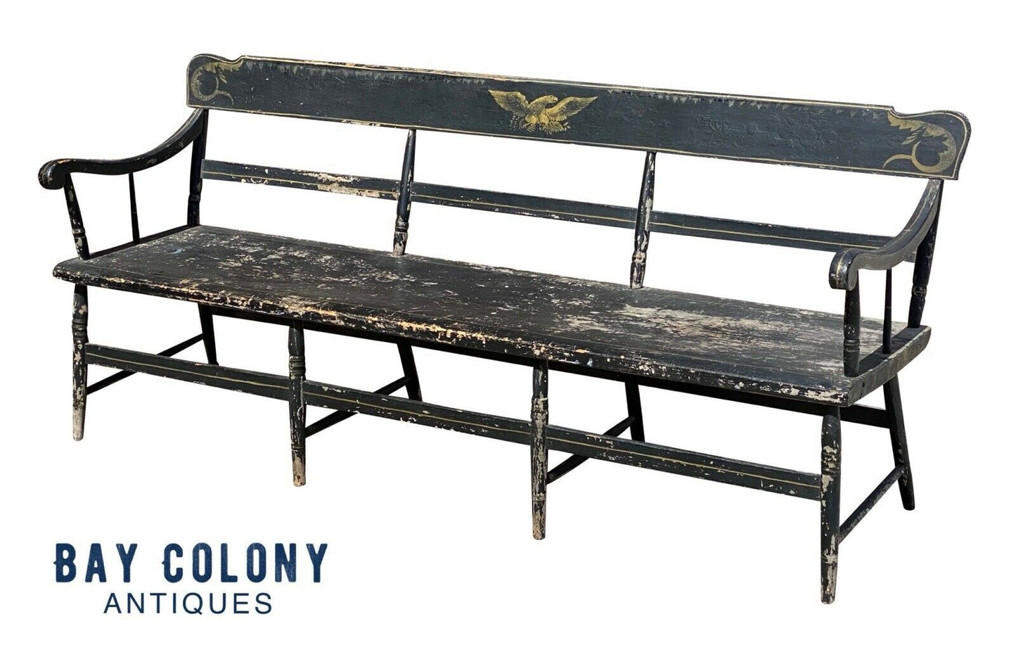 19th C Antique Black Painted Farmhouse / Deacons Bench - 6.5 Feet - Eagle Paint