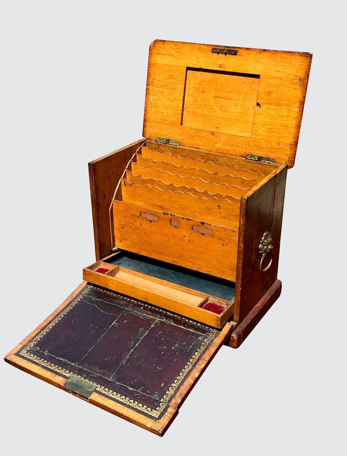 19TH C. ENGLISH TIGER OAK VICTORIAN DESK TOP LETTER / DOCUMENT BOX