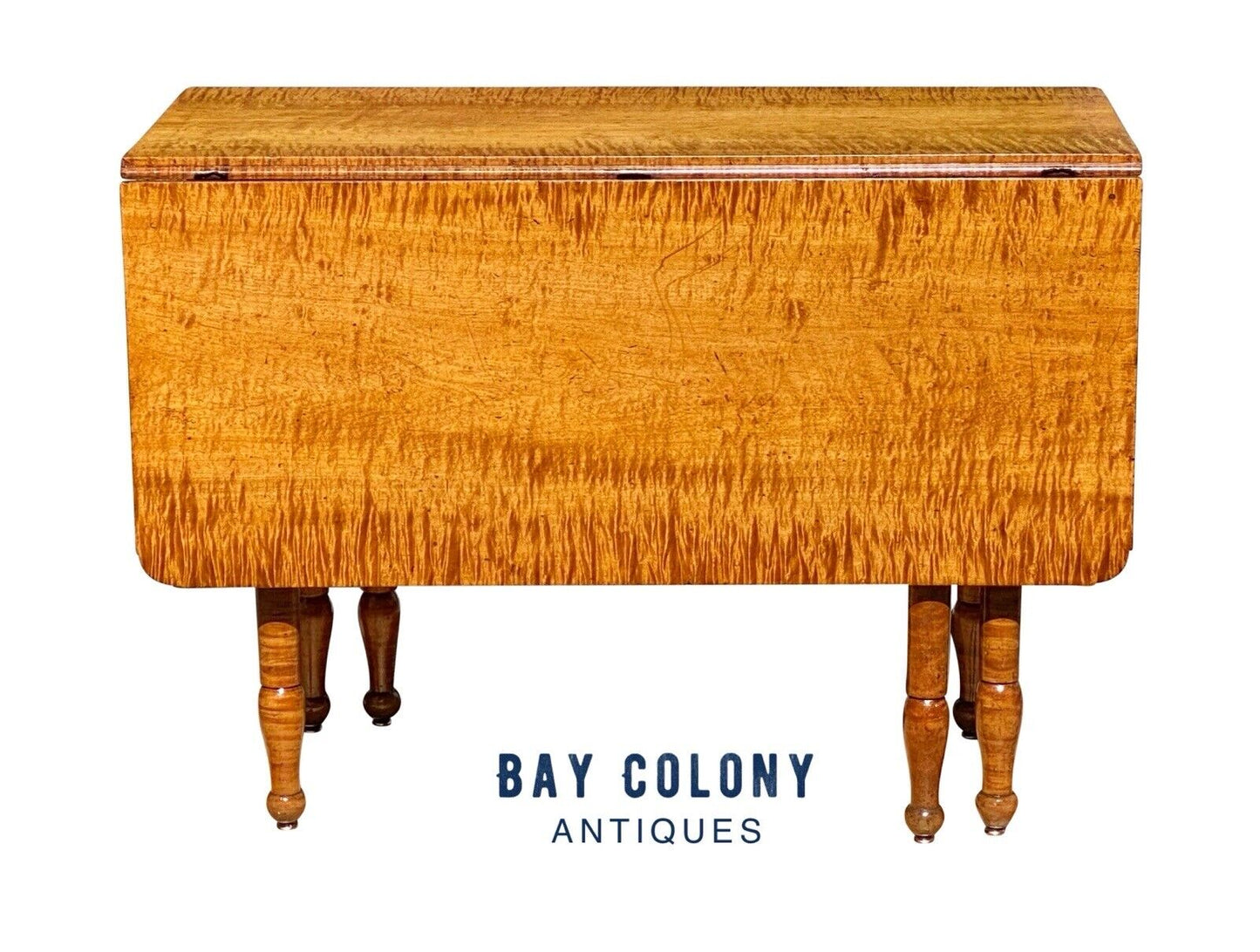 19th C Antique Sheraton Tiger Maple 6 Leg Drop Leaf Dining Table - Curly Maple