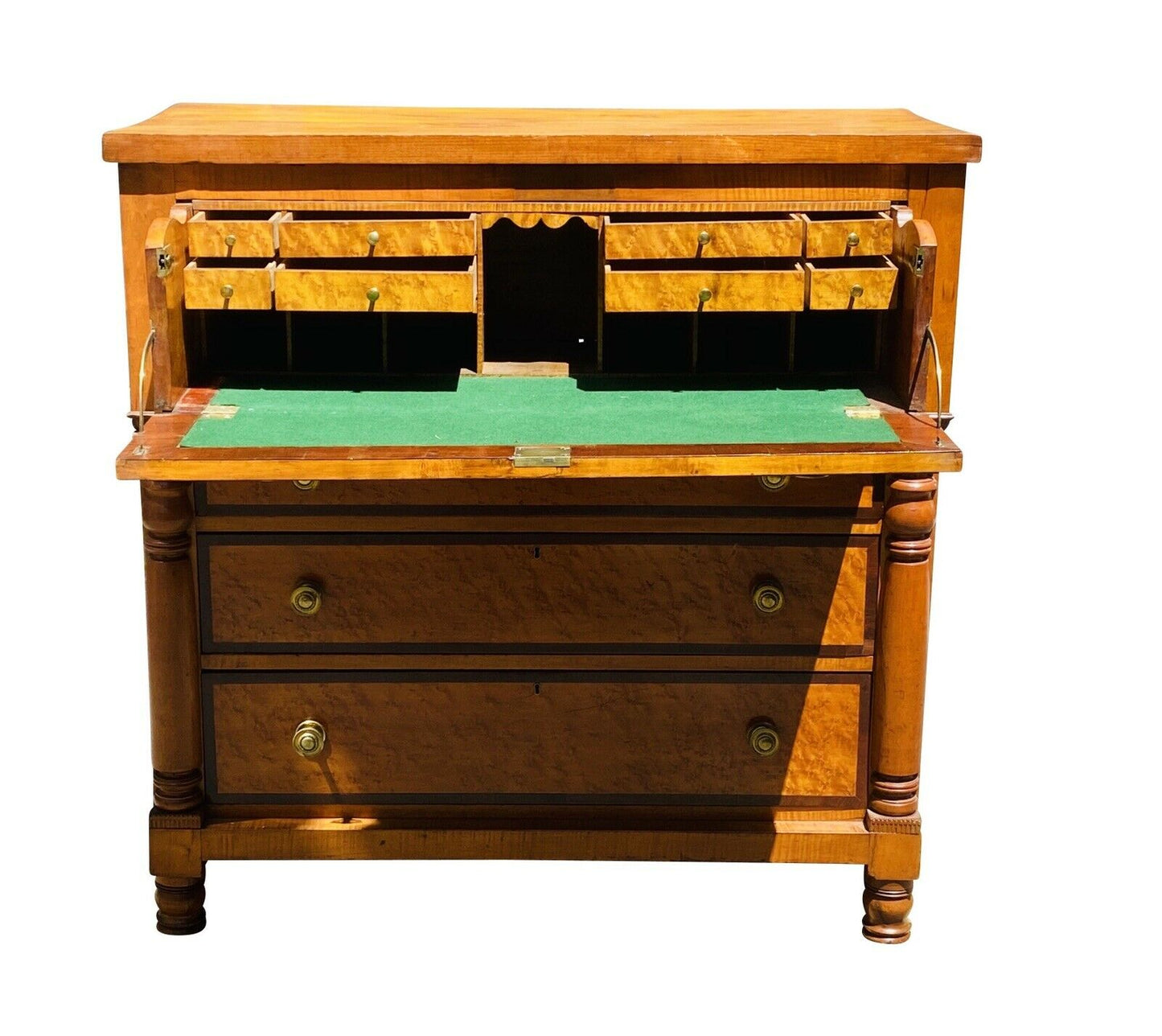 19TH C ANTIQUE FEDERAL PERIOD TIGER & BIRDS EYE MAPLE PENNSYLVANIA BUTLERS DESK