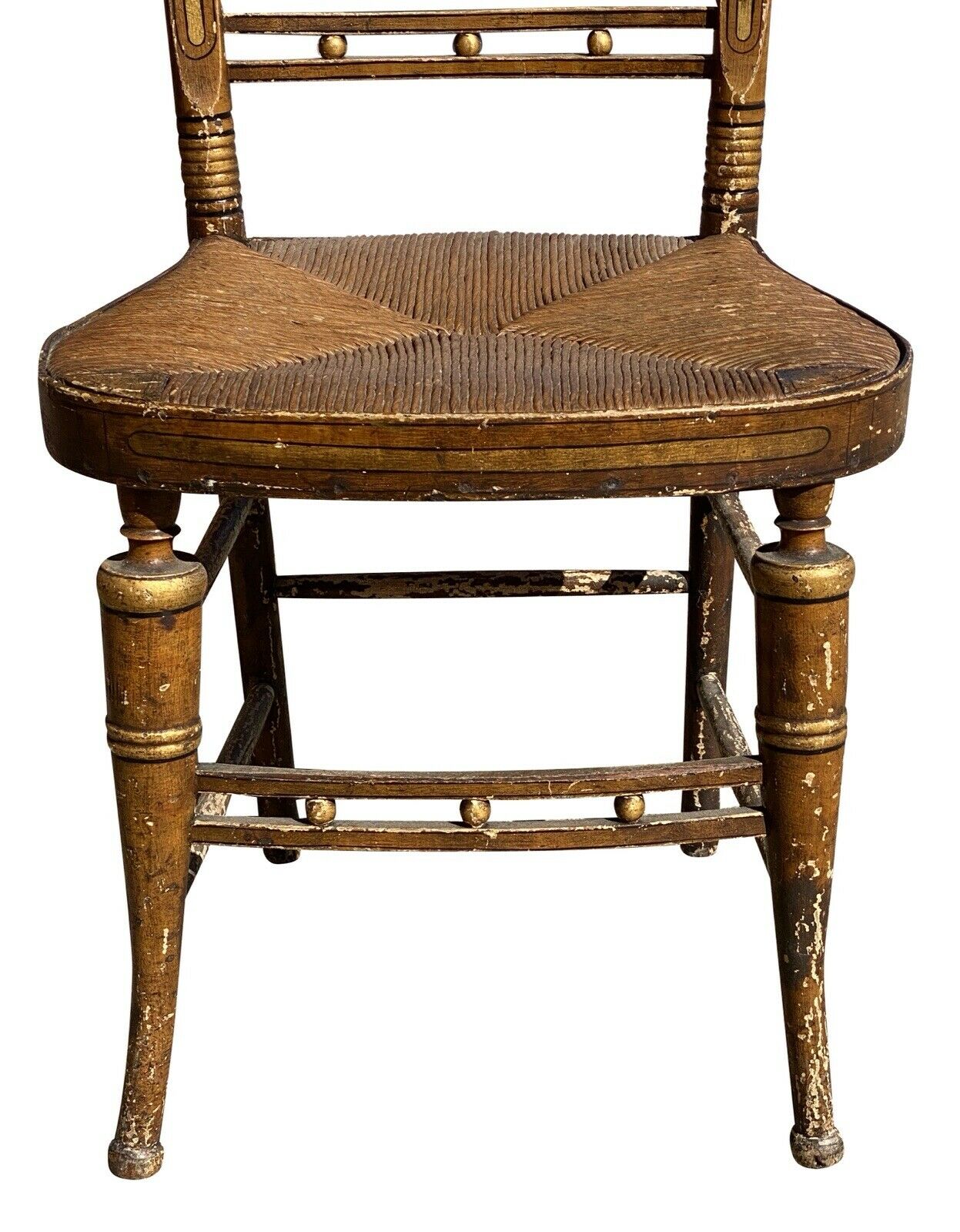 19th C Antique Sheraton Fancy Paint Thumb Back Chair W/ Rush Seat & Greek Key